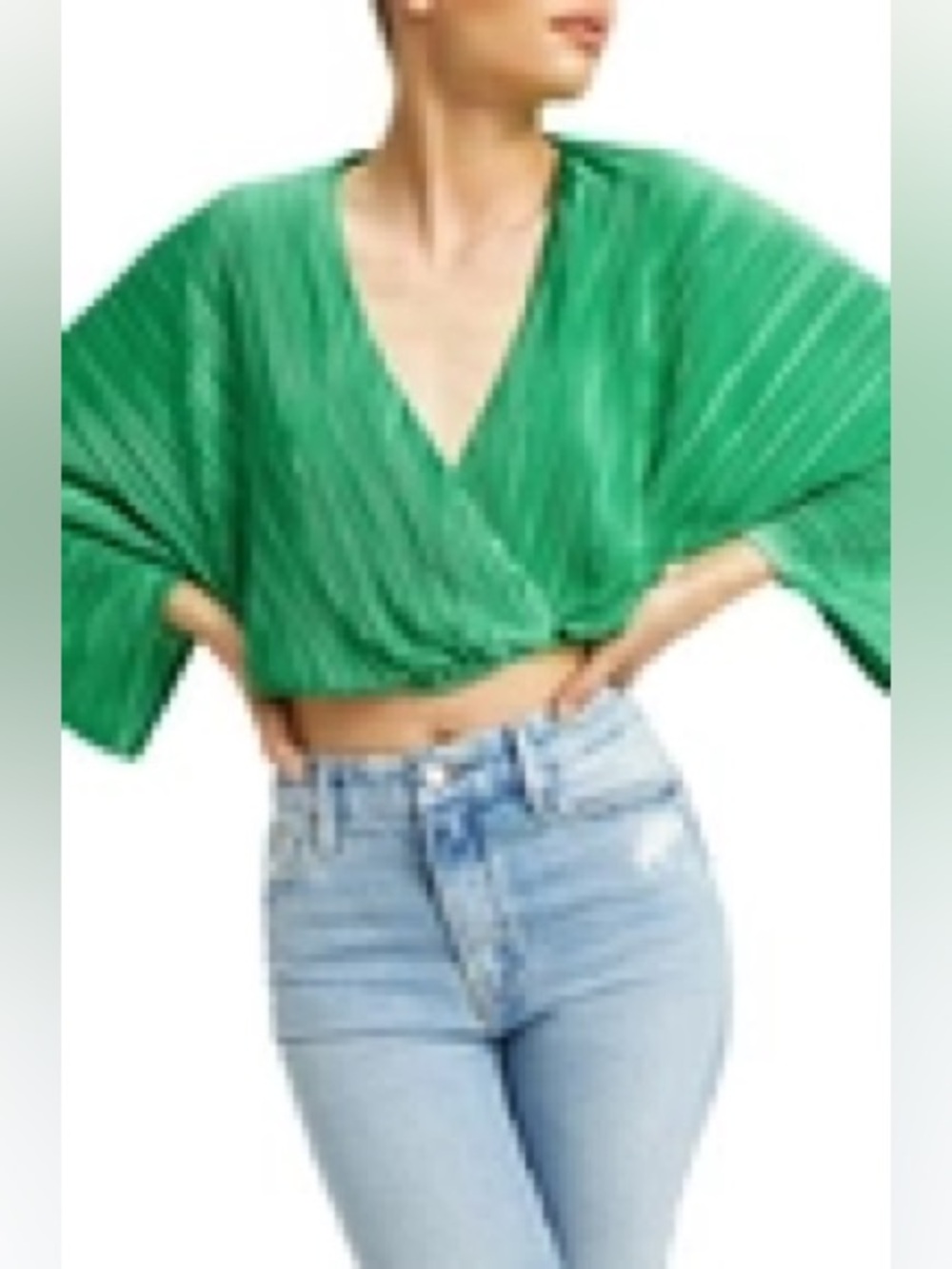 Good American Green Plisse' Sculpted Long Sleeve Crop Top NWT S/M MSRP $120